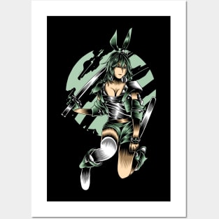 Artwork Illustration Of Green Bunny Girl In Action With Sword Posters and Art